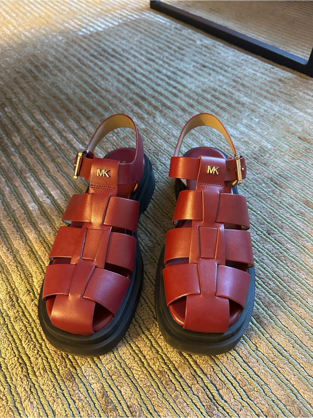 Michael Kors Burgundy Leather Woven Sandals with Gold MK Accent